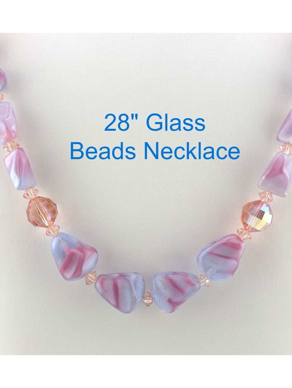 Vintage 28" Glass Beads Necklace with Pink Blue Purple and Aurora Borealis Beads